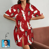 Custom Face Red-crowned Crane Red Satin Nightgown For Women Silk Nightshirt Button Down Pajamas Dress Boyfriend Sleepshirt S-3XL