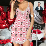 Custom Face Pink Women's Cami V-Neck Lace Suspenders Nightdress Valentine's Day Pajama Gifts for Her