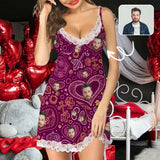 Custom Face Purple Women's Cami V-Neck Lace Suspenders Nightdress Valentine's Day Pajama Gifts for Her