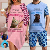 Custom Dog Cat Crew Neck Couple Matching Short Pajama Set Personalized Pet Face Leopard Print Men Sleepwear&Women's Oversized Sleep Tee