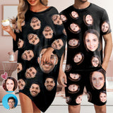 Personalized Face Black Pajamas for Men Sleepwear&Women's Oversized Sleep Tee Custom Crew Neck Couple Matching Short Pajama Set