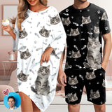 Personalized Pet Cat Face Men Sleepwear&Women's Oversized Sleep Tee Custom Cat Crew Neck Couple Matching Short Pajama Set