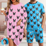 Personalized Pet Face Heart Men Sleepwear&Women's Oversized Sleep Tee Custom Dog Crew Neck Couple Matching Short Pajama Set