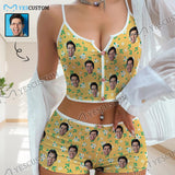 Photo Custom Husband Face Flowers Print Yellow Background Sleepwear Appliques Notched Neckline Lingerie Set Pajamas Bachelorette party