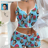 Photo Custom Husband Face Strawberry Print Blue Background Sleepwear Appliques Notched Neckline Lingerie Set Pajamas Bachelorette party
