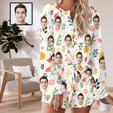 Custom Face Flowers Pajama Set Women's Long Sleeve Top and Shorts Loungewear Tracksuits