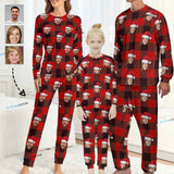 Custom Face Christmas Hat Red Black Stripes Nightwear Personalized Family Matching Long Sleeve Pajamas Set