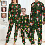 Custom Face Christmas Red Hat Green Background Nightwear Personalized Family Matching Long Sleeve Pajamas Set For Christmas
