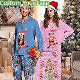 Custom Face Santa Claus Sleepwear Couple Matching V-Neck Long Pajama Set Best Christmas Gift