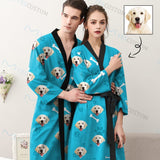Custom Face Long Sleeve Belted Night Robe for Women Men Blue Personalized Pajama Kimono Robe