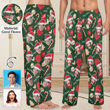 Coral Fleece Pajama Trousers-Custom Face Christmas Sticks Red Hat Warm and Comfortable Sleepwear Long Pajama Pants For Men Women