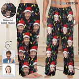 Coral Fleece Pajama Trousers-Custom Face Colored Light Bulbs Christmas Red Hat Warm and Comfortable Sleepwear Long Pajama Pants For Men Women