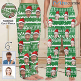 Coral Fleece Pajama Trousers-Custom Face Green Christmas Tree Warm and Comfortable Sleepwear Long Pajama Pants For Men Women