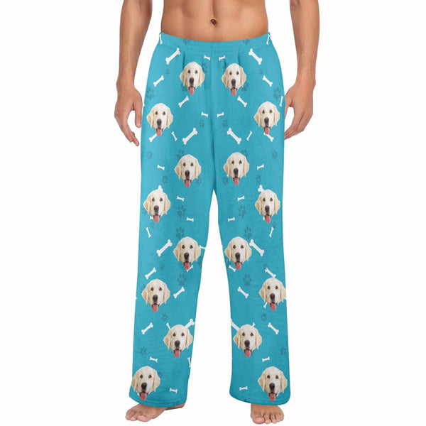 Custom Face Dog Bone Paw Print Blue Women's&Men's Long Pajama Pants ...