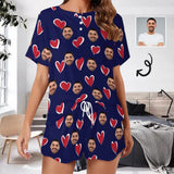 【Discount - limited time】Custom Face Heart Blue Pajama Set Women's Short Sleeve Top and Shorts Loungewear Athletic Tracksuits