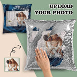 Custom Photo Blue Sequin Pillow Case Personalized Sweet Couple Pillow Cover 15.7