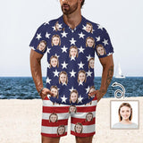 Custom Face American Flag Style Men's Polo Shirt and Shorts Set 2 Piece Summer Outfits Fashion Tracksuit Set