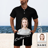 Custom Face&Name Black Men's Polo Shirt and Shorts Set 2 Piece Summer Outfits Fashion Tracksuit Set