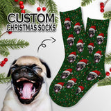 Custom Pet Face Chtistmas Green Sublimated Crew Socks Personalized Pohto Face on Socks All Over Print Gift Unisex