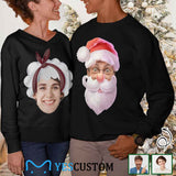 Couple Matching Custom Face Black Sweater Santa Hat Long Sleeve Ugly Christmas Sweater Tops for Men and Women