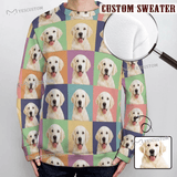 Custom Face Round Neck Sweater for Men Colorful Lattice Long Sleeve Lightweight Sweater Tops Personalized Ugly Sweater With Photo