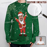 Custom Face Round Neck Sweater for Men Green Santa Claus Long Sleeve Lightweight Sweater Tops Custom Ugly Sweaters Face Ugly Christmas Sweater