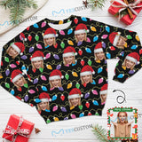 Custom Face Ugly Sweater Colorful Lights Santa Hat Round Neck Sweater for Christmas