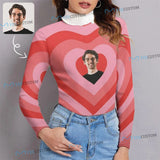 Custom Face Sweater Personalized Pink Love Heart Turtleneck Photo Ugly Sweater Women's Long Sleeve Tops