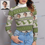 Custom Face Ugly Christmas Sweater Personalized Christmas Green Turtleneck Women's Long Sleeve Tops Custom Photo Ugly Sweater