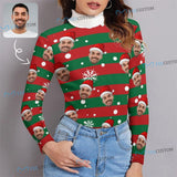 Custom Face Ugly Christmas Sweater Personalized Christmas Stripes Turtleneck Women's Long Sleeve Tops Ugly Sweater With Picture
