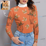Personalized Cat Sweater Custom Orange Pet Pictures Turtleneck Women's Long Sleeve Tops Custom Face Ugly Sweater