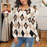 Custom Face V-Neck Sweater for Women Diamond Lattice Design Long-Sleeve Pullover Sweater Photo Ugly Sweater