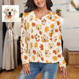 Custom Face V-Neck Sweater for Women Photo Ugly Sweater Yellow Leaves Design Long-Sleeve Pullover Sweater