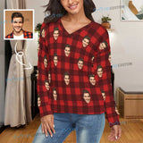 Custom Face V-Neck Sweater for Women Red Lattice Design Custom Face Ugly Sweater Long-Sleeve Pullover Sweater
