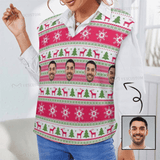 Custom Christmas Face Sweater Vest for Women Elk Design Christmas V Neck Sleeveless Casual Pullover Tops Ugly Sweater With Personalized Photo