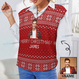 Custom Face&Name Ugly Christmas Sweater Vest for Women Red Design Christmas V Neck Sleeveless Casual Pullover Tops Photo Christmas Sweater