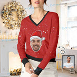 Custom Face Ugly Christmas Sweater White Dots Red Personalized Photo Ugly Sweater For Christmas Women's All Over Print V-Neck Pullover Sweater