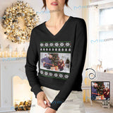 Custom Photo Sweater Christmas Snowflake Black Personalized Ugly Sweater With Photo Christmas Sweater With Picture Women's All Over Print V-Neck Pullover Sweater