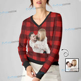 Custom Photo Ugly Sweater Christmas Red Black Stripes Design Women's All Over Print V-Neck Pullover Sweater Personalized Photo Ugly Christmas Sweater