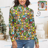Custom Ugly Christmas Sweater Personalized Face Christmas Elements Women's All Over Print Mock Neck Sweater Photo Christmas Sweater