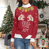 Custom Ugly Christmas Sweater Personalized Face Christmas Feel The Joy Women's All Over Print Mock Neck Sweater Ugly Christmas Sweater With Photo