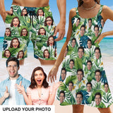 Custom Face Green Leaves Couple Swim Shorts&Dress Men's Swim Trunks Women's Beach Sling Skirt
