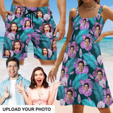 Custom Face Purple Flowers Couple Swim Shorts&Dress Men's Swim Trunks Women's Beach Sling Skirt