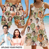 Custom Face Tropical Leaves Couple Swim Shorts&Dress Men's Swim Trunks Women's Beach Sling Skirt