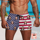Custom Face American Flag Men's Quick Dry Shorts Personalized Swim Trunks with Side Zipper Pocket Surfing Square Leg Board Shorts