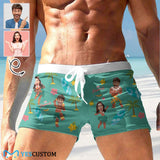 Custom Face Beach Hula Dance Green Men's Swimwear Short Swim Trunks with Zipper Pocket Personalized Surfing Square Leg Board Shorts