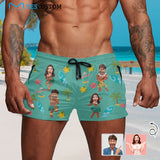 Custom Face Hula Dance Green Men's Quick Dry Shorts Personalized Swim Trunks with Side Zipper Pocket Surfing Square Leg Board Shorts