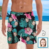 Personalized Swim Trunks Custom Face Flowers&Leaves Black Men's Quick Dry Swim Shorts Beach Swimsuit