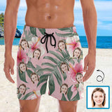 Personalized Swim Trunks Custom Face Pink Flowers Men's Quick Dry Swim Shorts Beach Swimsuit