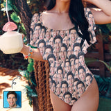 Custom Boyfriend Face Women's Ruffle One Piece Off Shoulder Swimsuit Flounce High Cut Bathing Suit Slimming